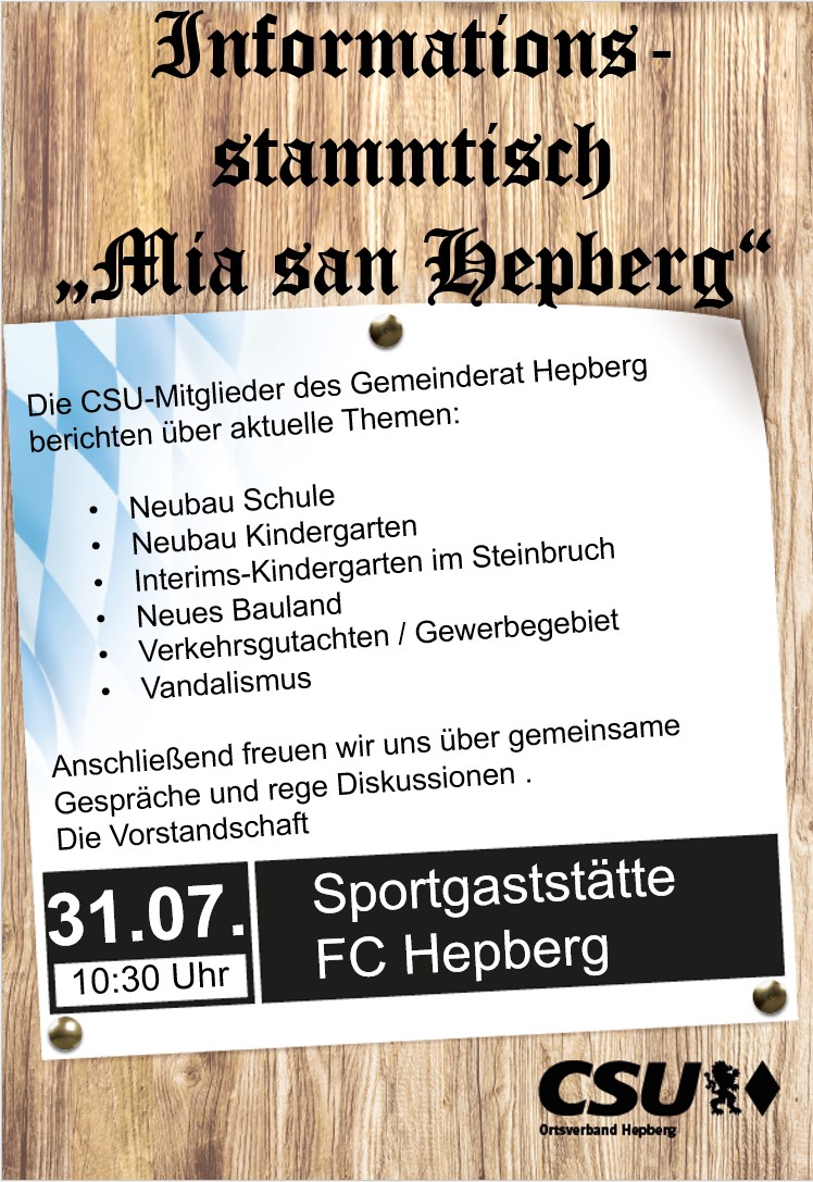 Informationsstammtisch „Mia san Hepberg“ 31.07.22 10:30 Uhr Sportheim